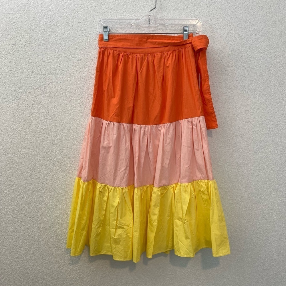 English Factory Midi Tiered Color Block Orange Peach Yellow Skirt with Belt- XS - Picture 5 of 12